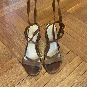 Ivanka Trump suede Tan peep toe lace up sandal heels